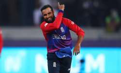 England spinner Rashid Khan celebrates after taking a West Indies wicket in Dubai on Saturday.