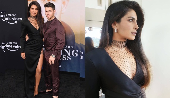 Priyanka Chopra looks like a style Goddess with the perfect mix of embellishments to her satin thigh-high slit black dress.