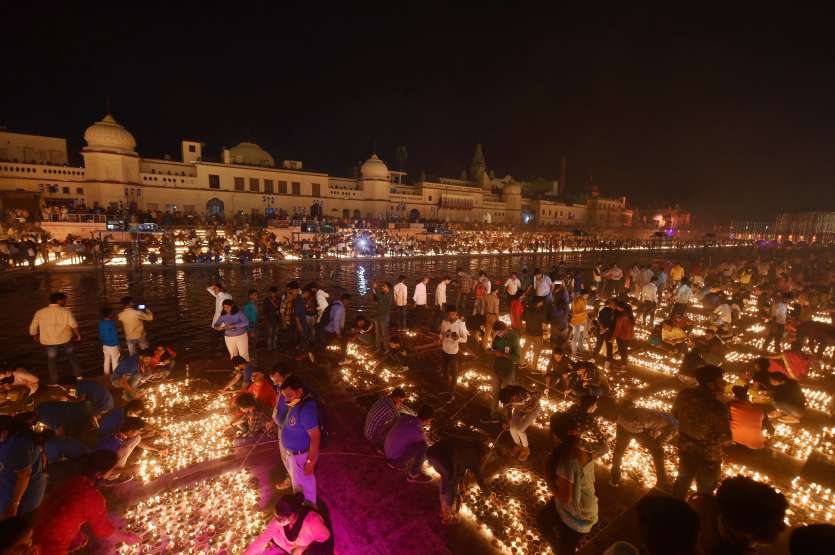 Ayodhya Deepotsava photos lakh earthen lamps lit of River Saryu bank