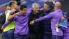 Tottenham's manager Jose Mourinho, center, celebrates at