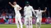 James Anderson of England celebrates taking the wicket of