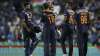 India's captain Virat Kohli, third right, hugs teammate