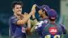 KKR pacer Pat Cummins celebrates a Rajasthan Royals wicket with teammates