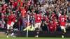 Manchester United's Bruno Fernandes, left, celebrates with
