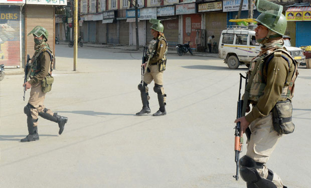 Security personnel patrolling after a strike was called in