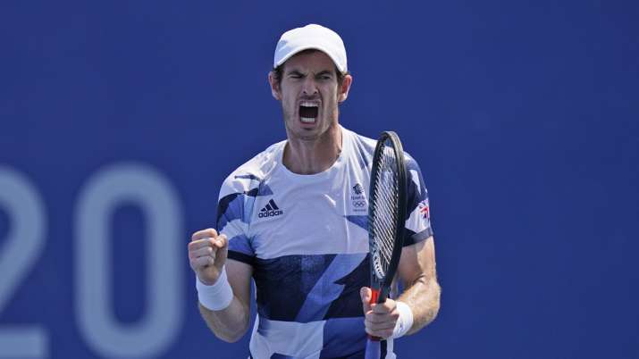Britain's Andy Murray reacts by winning the first set
