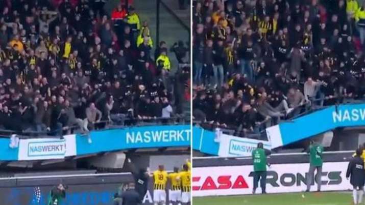 Arnhem players were celebrating on the pitch in front of their fans on Sunday when the lowest sectio